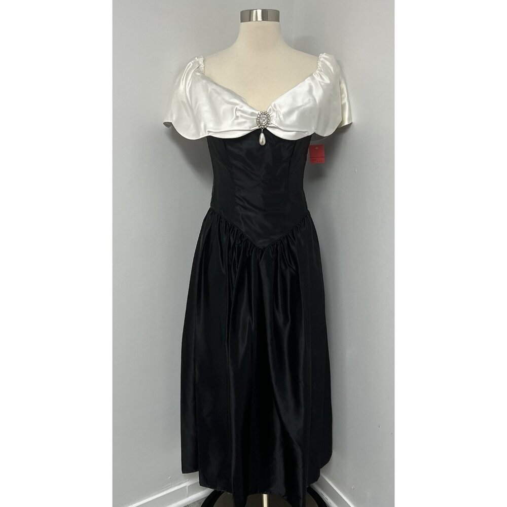 Vintage 80s Prom Dress SZ 3 4 Black White Gown Formal Vampy Goth Coquette Flaws